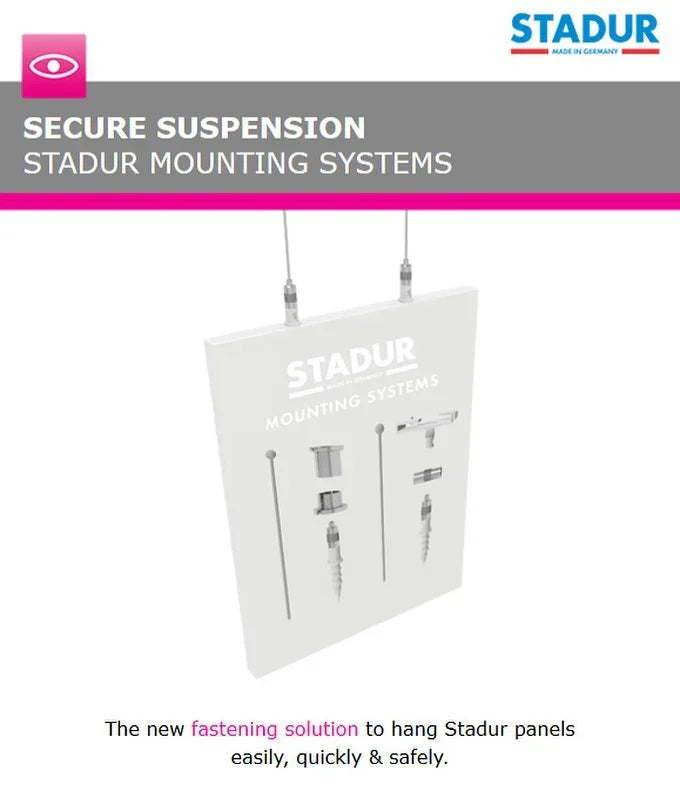 Secure suspension system with mounting hardware for hanging Stadur panels, easy installation
