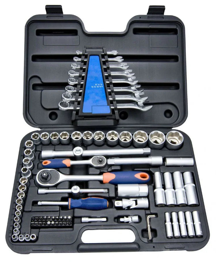 Socket wrench set with ratchets, spanners, and screwdriver in black plastic case