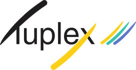 Modern logo with stylized black, yellow, turquoise, and blue brush strokes