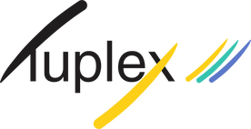 Modern logo with stylized black, yellow, turquoise, and blue brush strokes