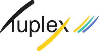 Modern logo with stylized black, yellow, turquoise, and blue brush strokes