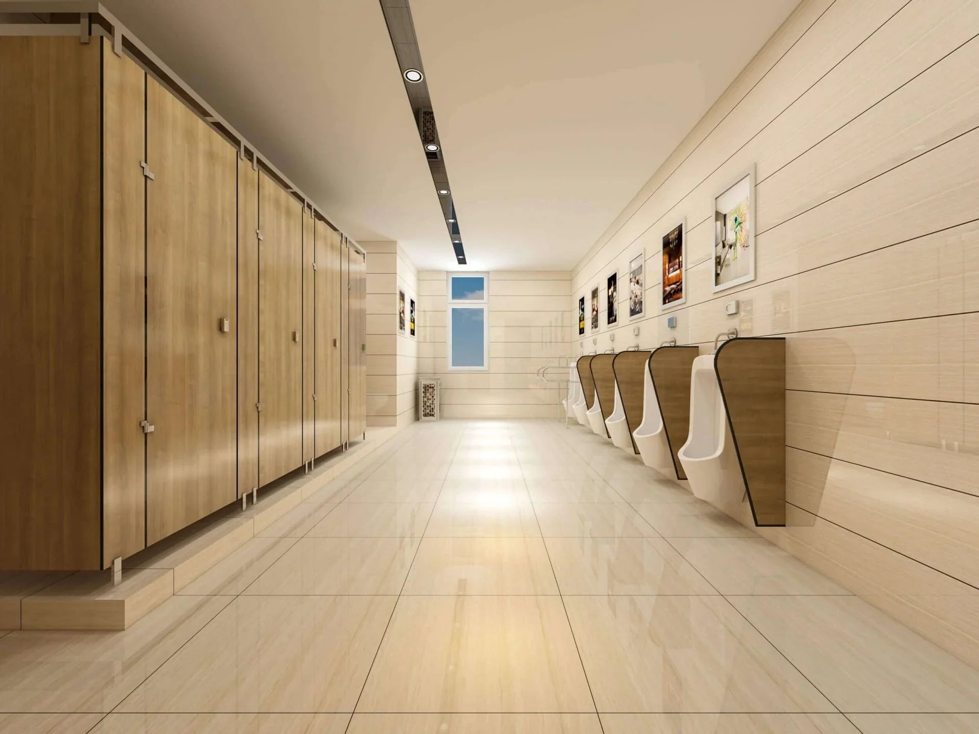 Modern public restroom with wood partition panels, tiled floor, and wall-mounted urinals