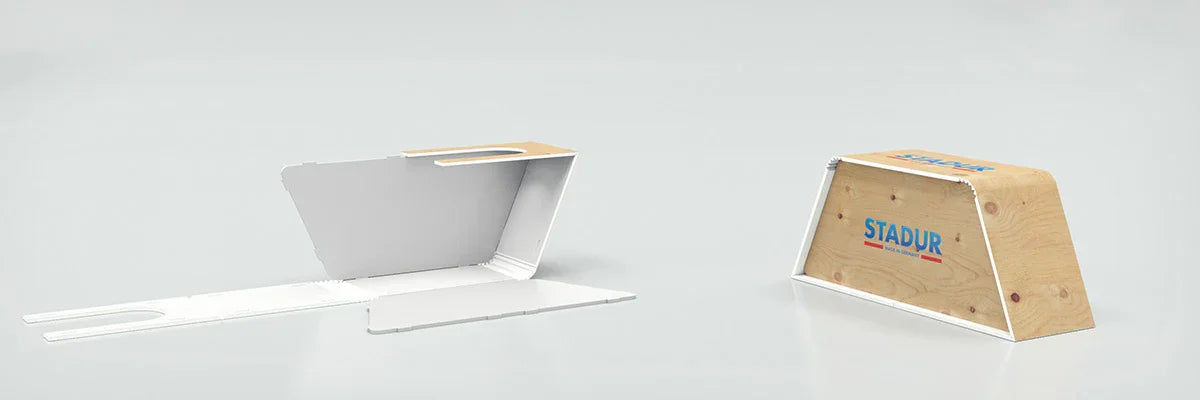 Stadur sandwich panel display, one assembled and one unfolded, with wood and white surfaces