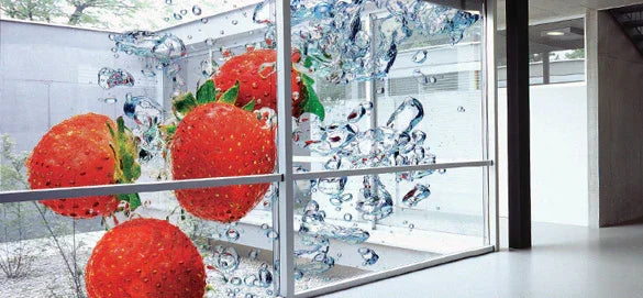 Clear window decal with strawberries and water splash graphic for advertising or decoration