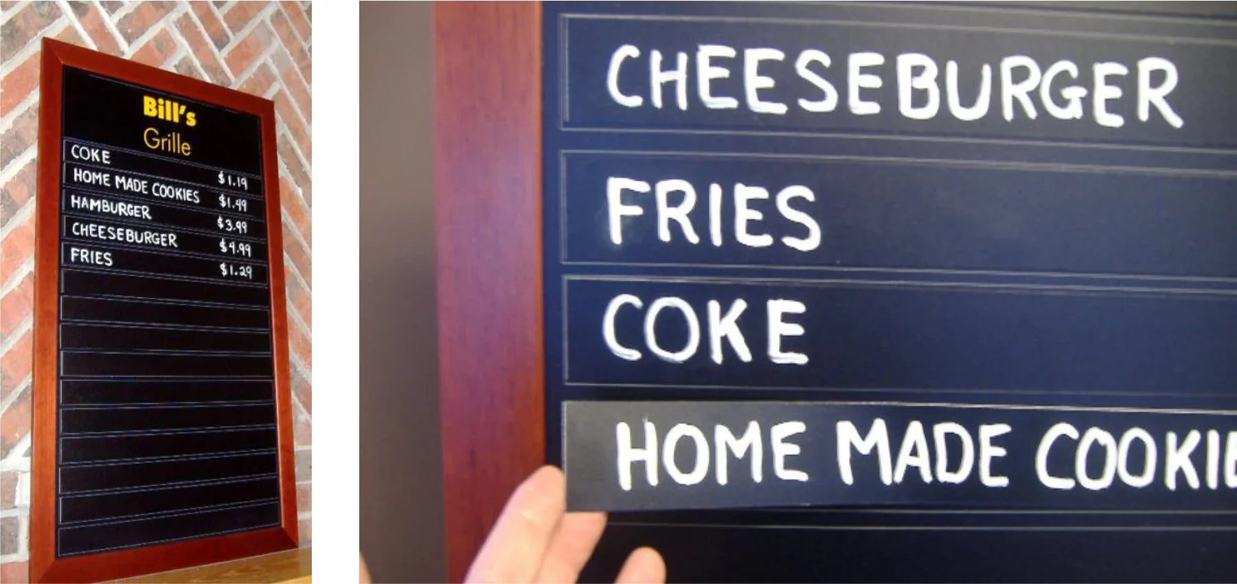 Magnetic menu board with interchangeable black strips, wooden frame, white handwritten text