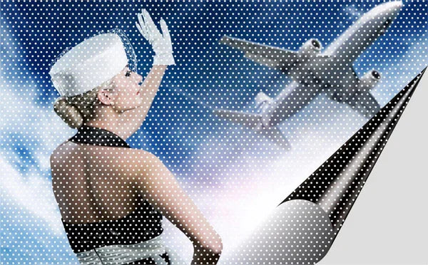 perforated window film with image of woman waving and airplane in blue sky, advertising material