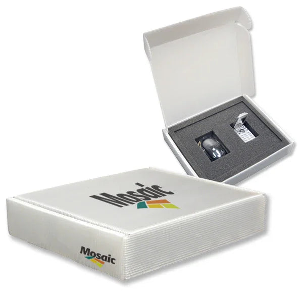 Custom presentation box with foam insert, featuring mouse and USB drive for promotional materials