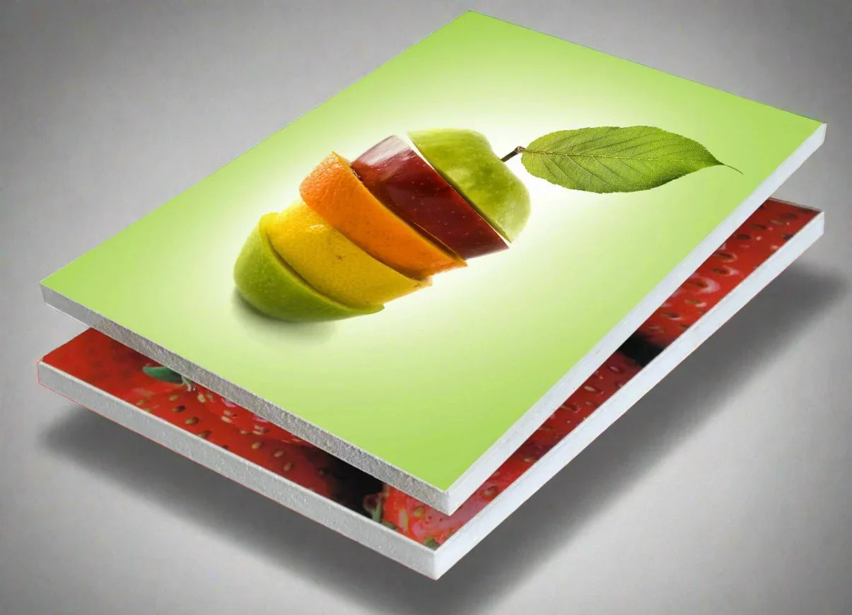Colorful sandwich panel sheets with vibrant fruit print, advertising material display.
